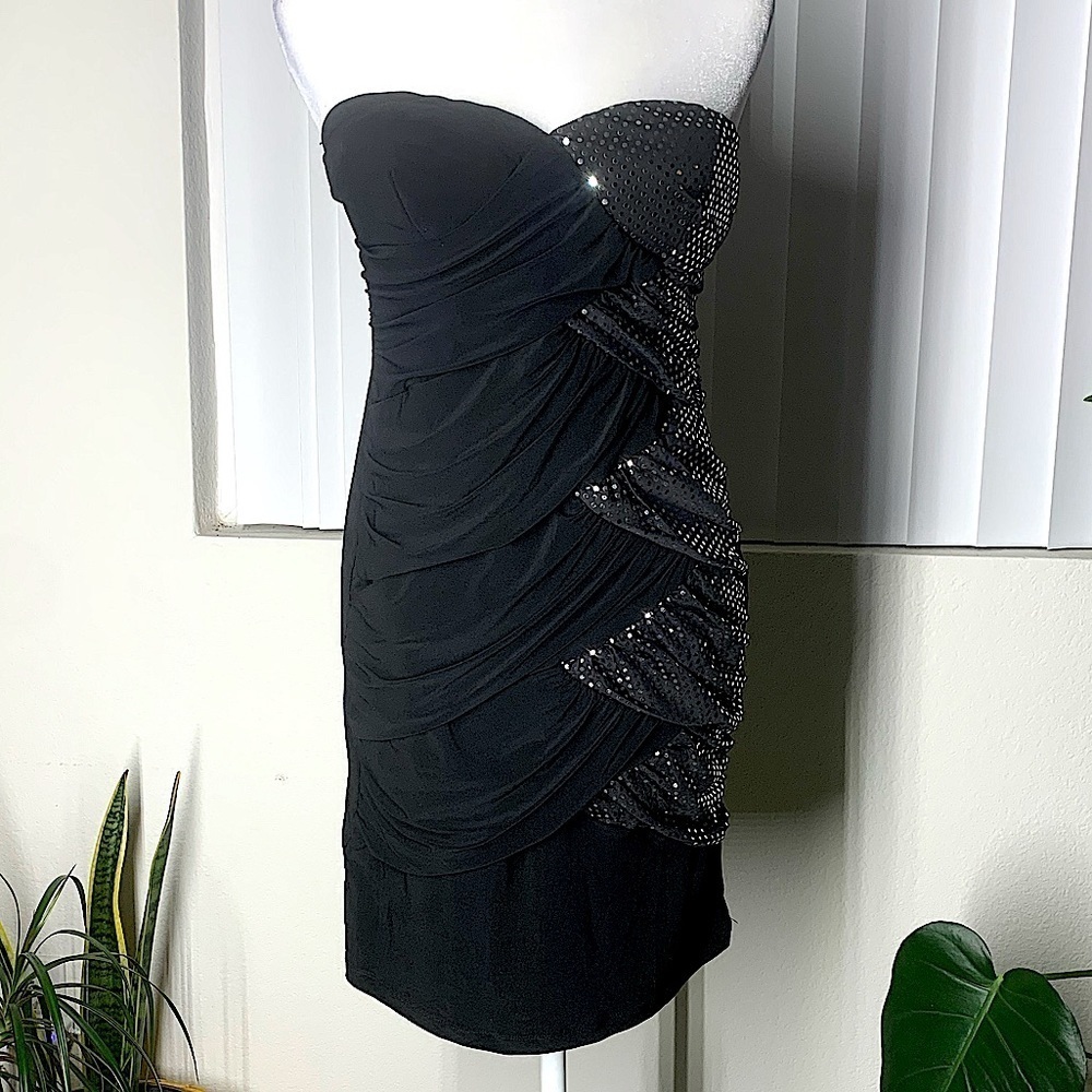 Black and silver metallic ruched strapless  heartshape top mini party dress XL